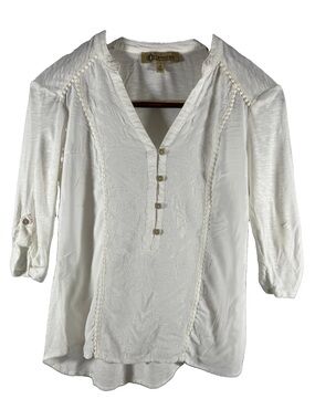 Democracy White Gauze Henley Blouse Womens Small Roll Tab 3/4 Sleeve Boho
